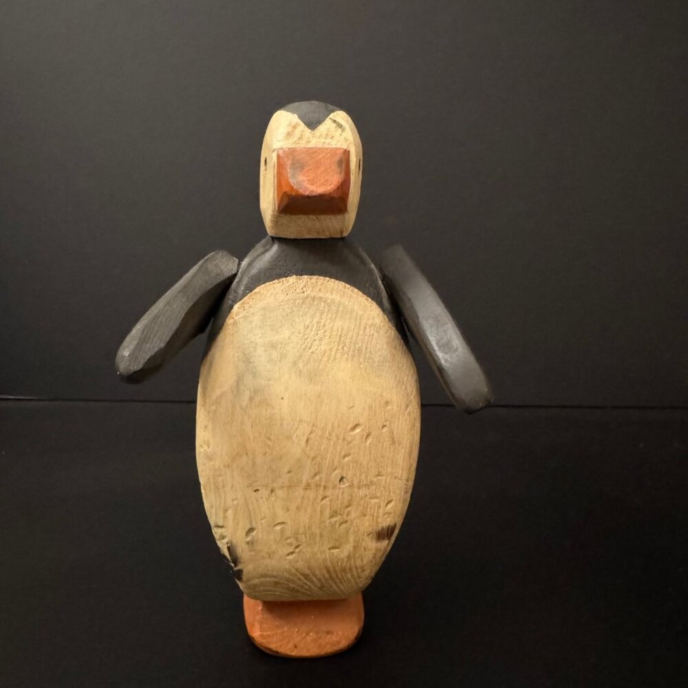 Hand-Carved Wooden Penguin Figurine Signed USKO Rustic Folk Art Wood - Picture 2 of 12